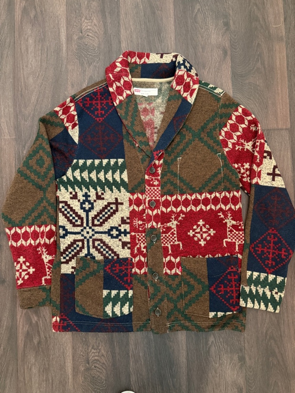 Levi’s Shawl Collar Patchwork Fair Isle Cardigan Sweater - Red/Green/Brown